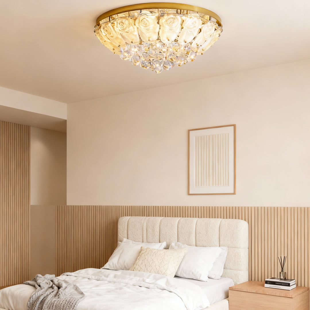 French Crystal Flush Mount Ceiling Light in Gold Stainless Steel