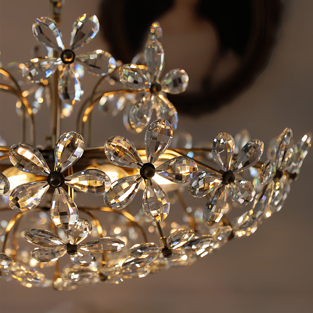 Crystal Flower Chandelier Vintage French Country Ceiling Light with Brass Finish