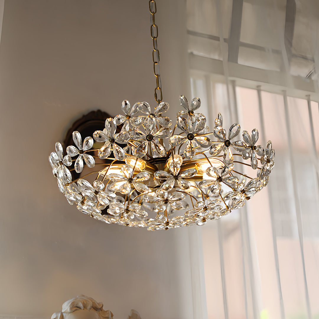 Crystal Flower Chandelier Vintage French Country Ceiling Light with Brass Finish