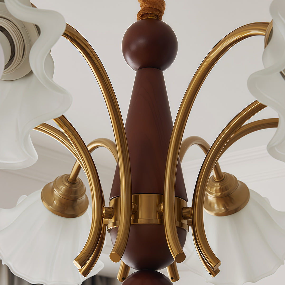 Lily of the Valley Glass Chandelier with Gold and Walnut Accents