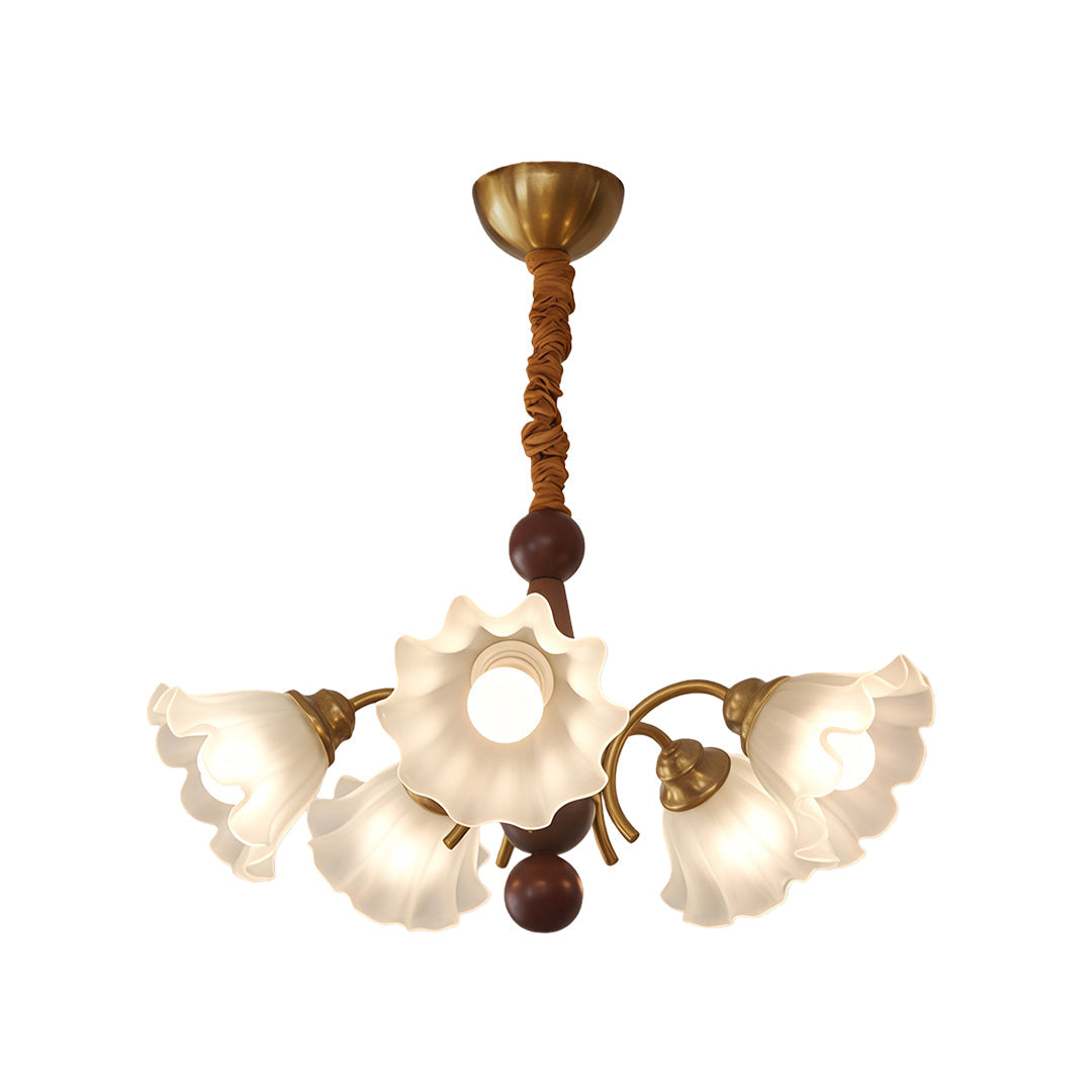 Lily of the Valley Glass Chandelier with Gold and Walnut Accents