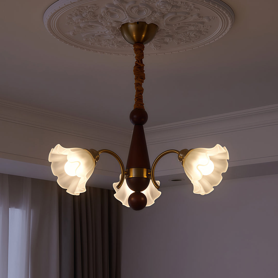 Lily of the Valley Glass Chandelier with Gold and Walnut Accents