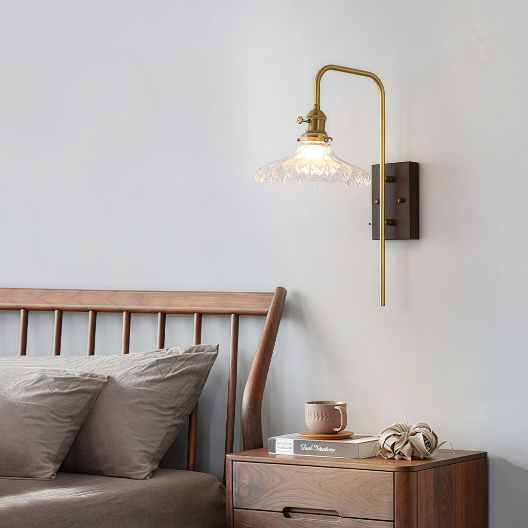 Japanese Retro Wave Glass Wall Sconce with Rubberwood Accent