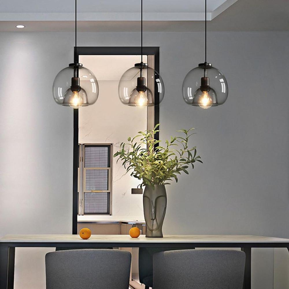 Smoked Glass Pendant Light with Matte Black Metal Shade