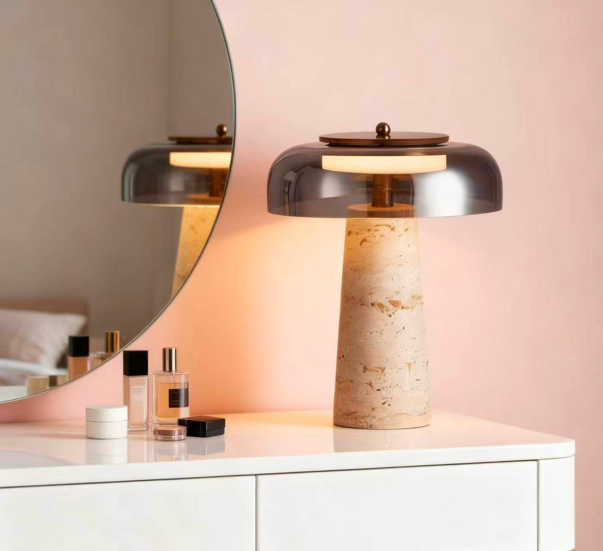 Strata Table Lamp in Yellow Travertine with Smoked Glass Shade