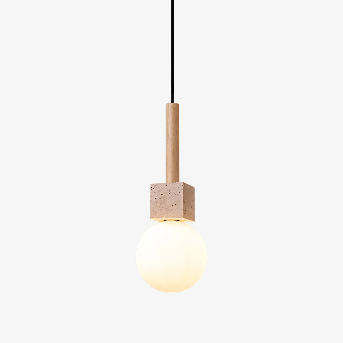 Travertine Cube Globe Pendant Light – Natural Stone & Wood Hanging Lamp
