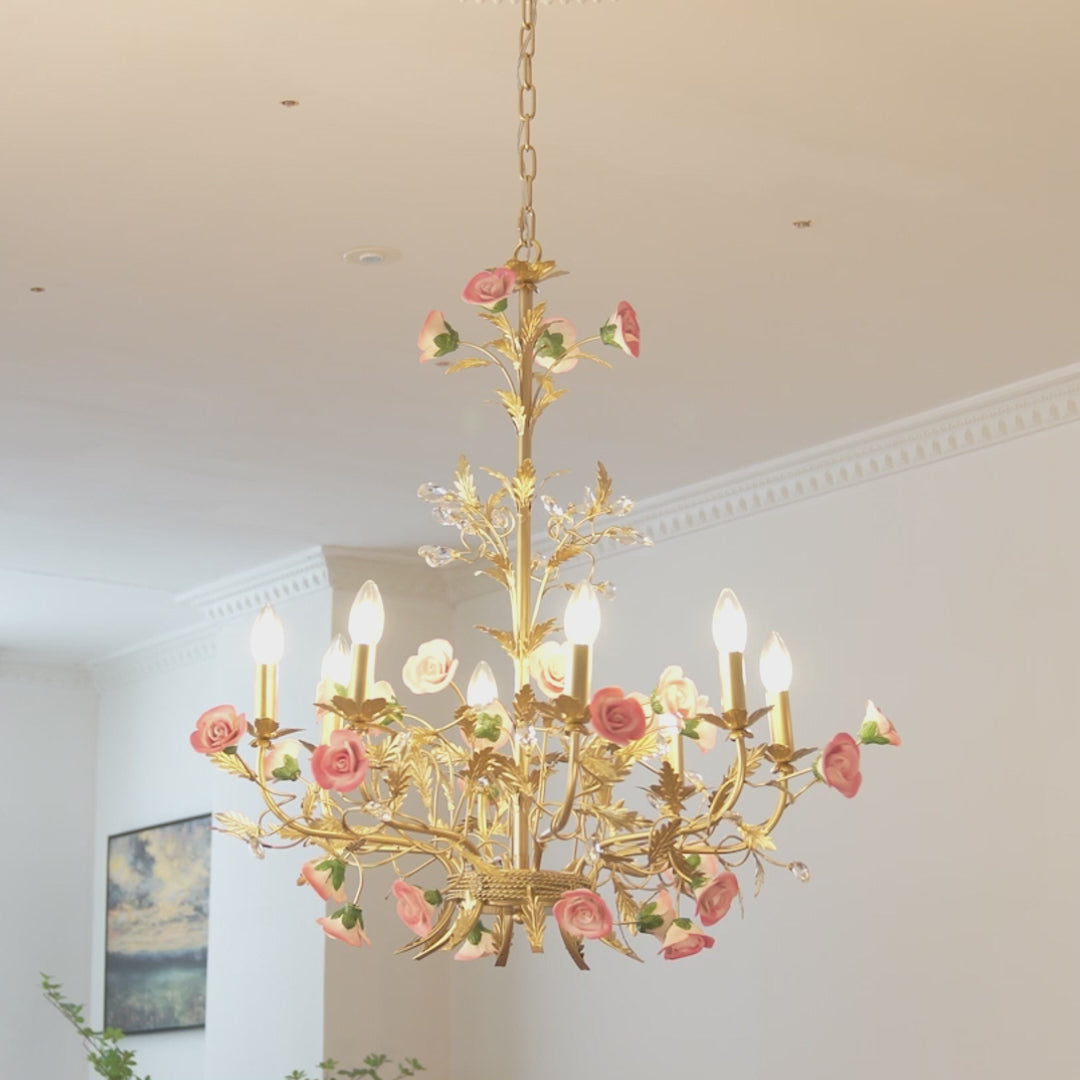 French Luxury Ceramic Pink Roses Chandeliers 6 8 Light Candlelight Pastoral Charm
