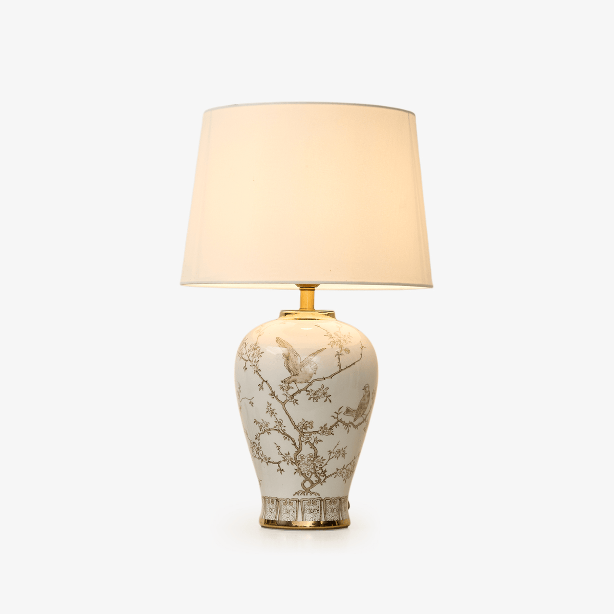 Avian Floral Ceramic Table Lamp with Beige Fabric Shade for Living Room & Bedroom