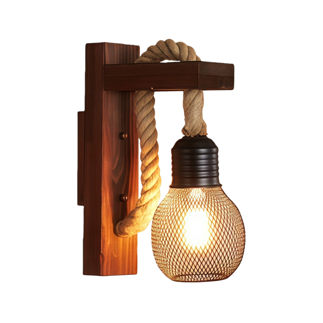 Rustic Iron Wall Sconce with Hemp Rope and Wood Accent