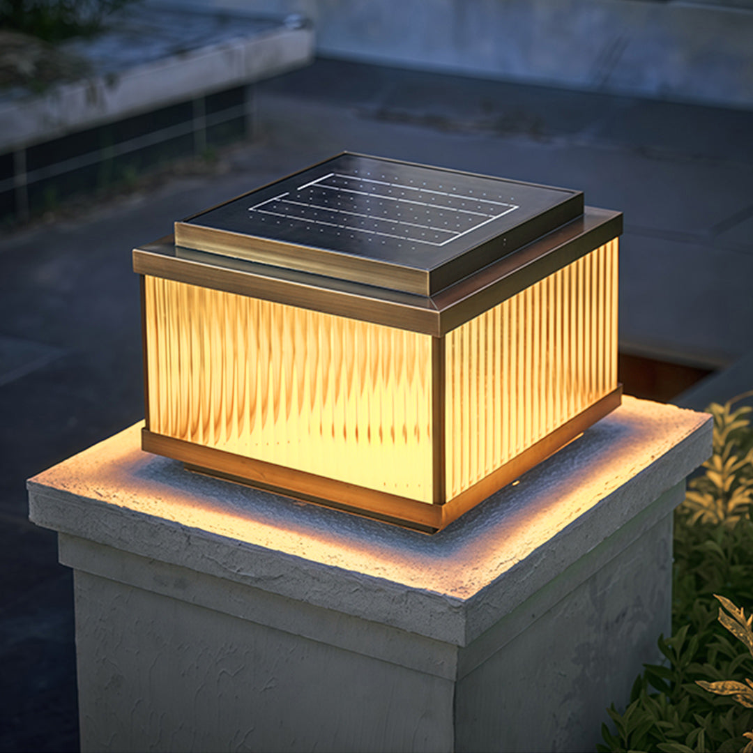 Copper Pillar Light with Ribbed Glass Shade, Modern Outdoor Post Light
