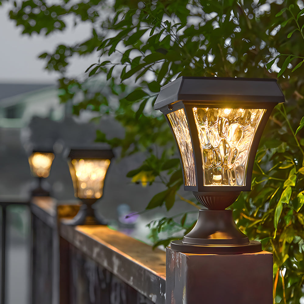 Solar-Powered Cast Aluminum Post Cap Lantern with Rippled Glass Shade