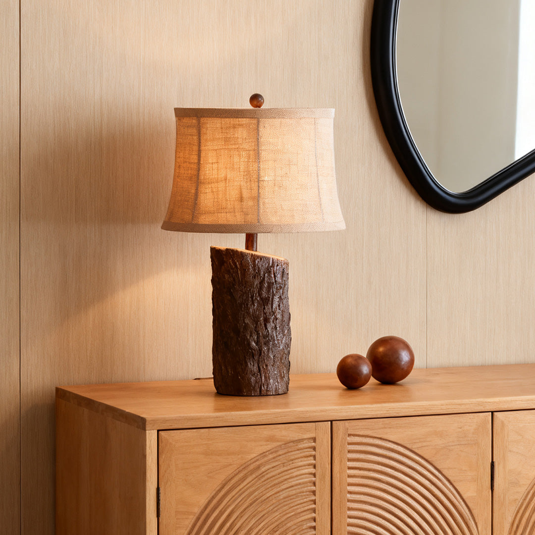 Rustic Bark-Textured Table Lamp with Linen Shade for Cozy Interiors