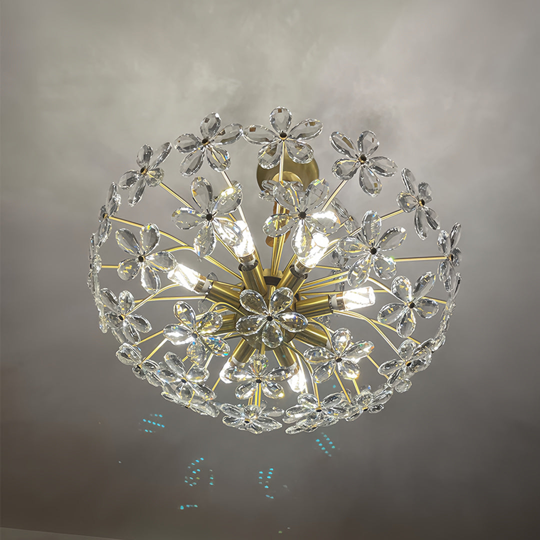 Crystal Flower Chandelier Vintage French Country Ceiling Light with Brass Finish