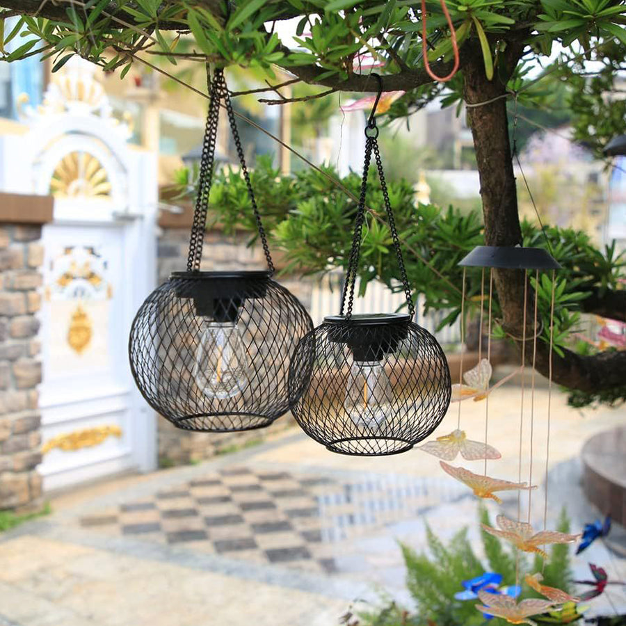 Solar-Powered Iron Lantern Hanging Lights for Outdoor Ambiance