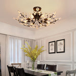 Crystal Leaf Semi Flush Ceiling Light in Black Iron