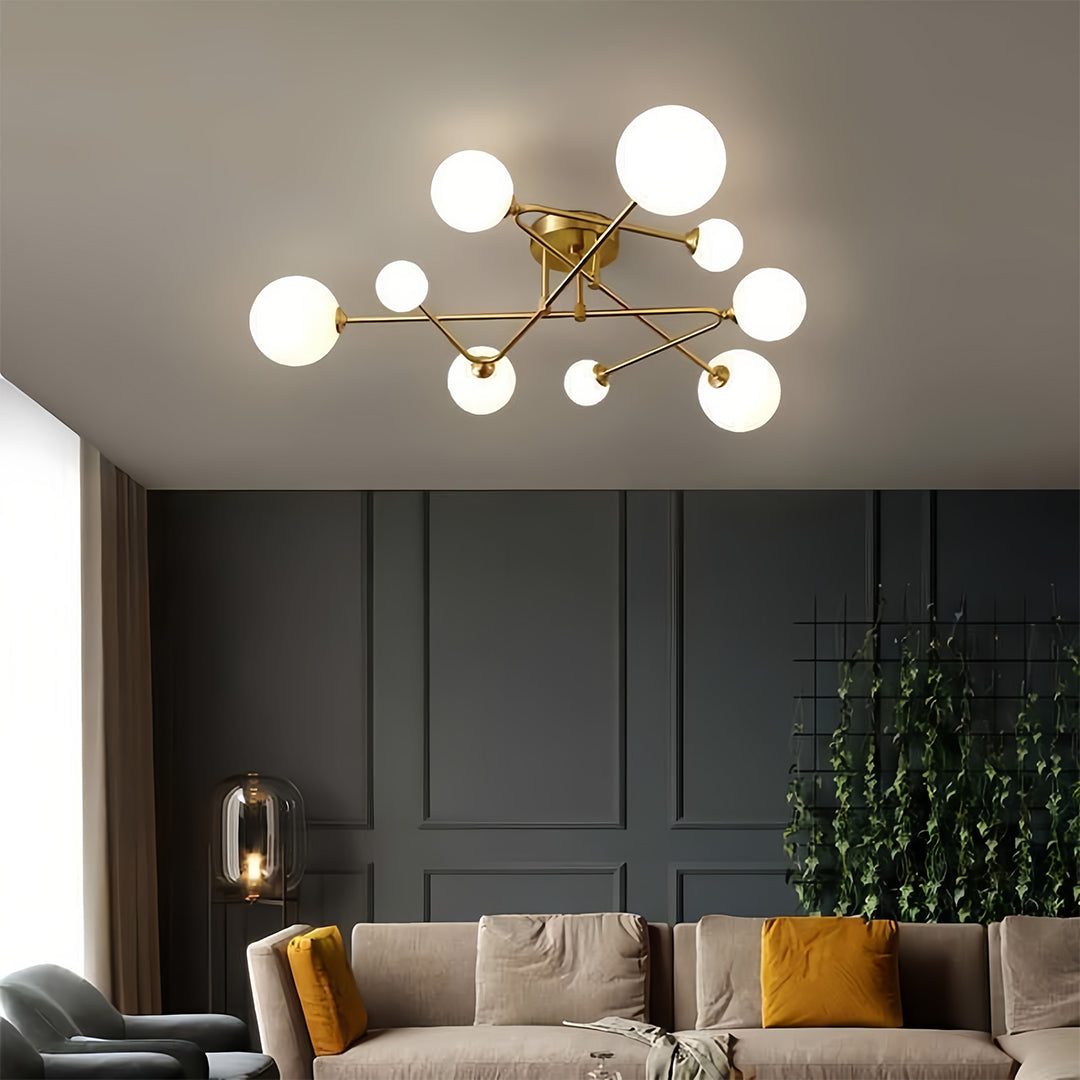 Nordic Gold Semi Flush Mount Ceiling Light with Milk Glass Shades
