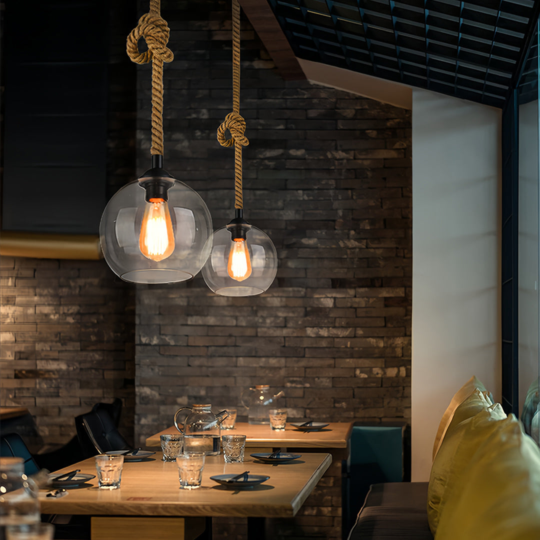 Artisan Glass Pendant Light with Natural Hemp Rope – Minimalist LED Ceiling Lamp