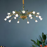 Vintage French Country Floral Iron Chandelier with Glass Shades