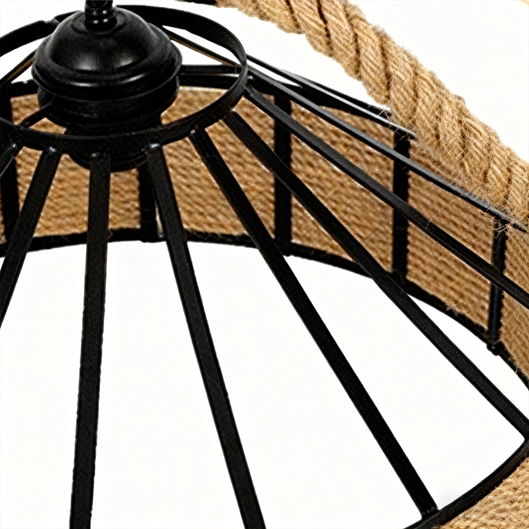 Halo Pendant Light in Black Iron and Natural Hemp Rope