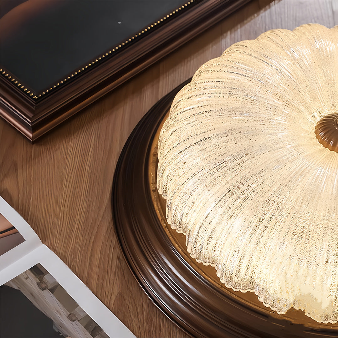 Walnut Wood Retro Dome Flush Mount Ceiling Light with Prismatic Glass Shade