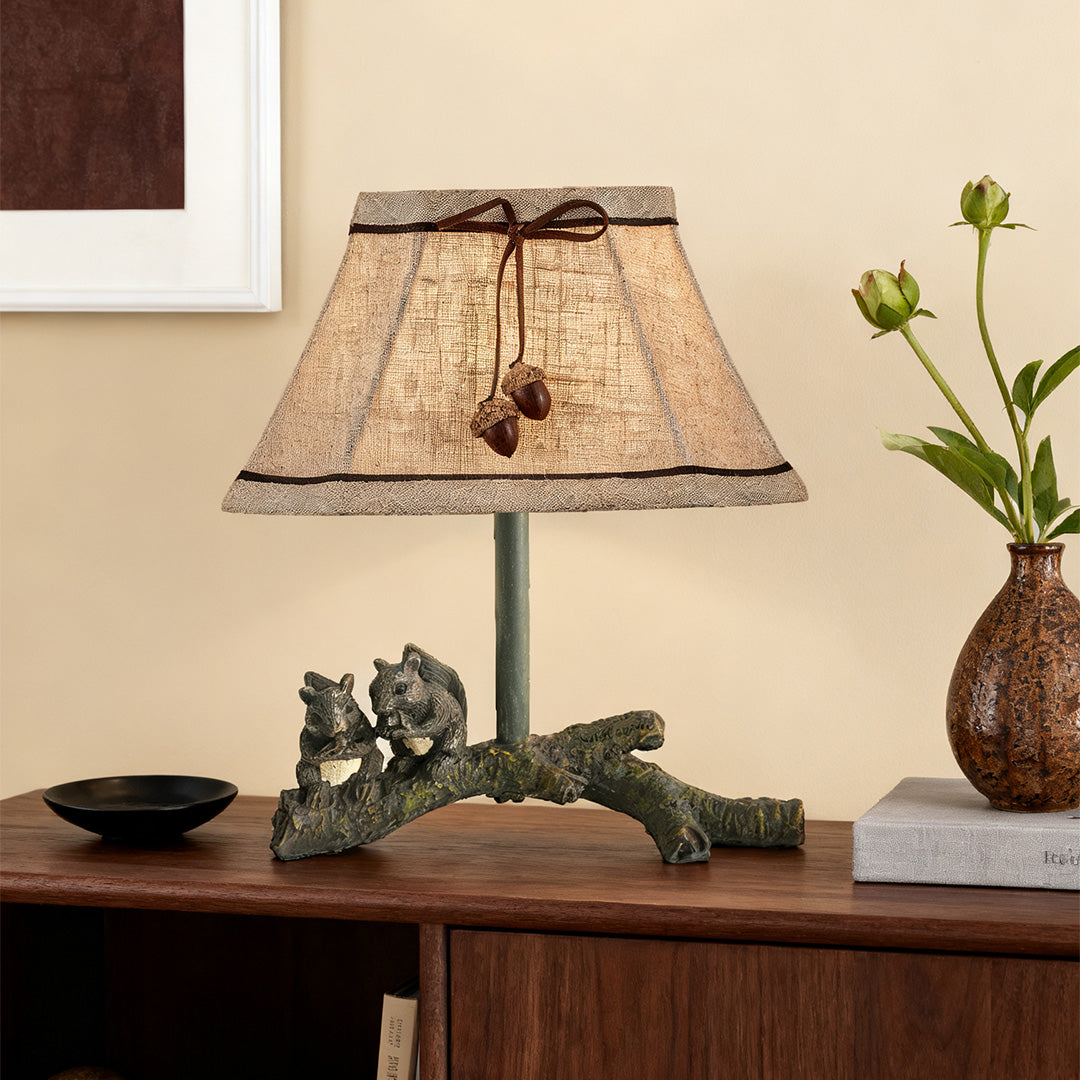 Sculptural Squirrel Table Lamp with Beige Linen Shade, French Countryside Decor
