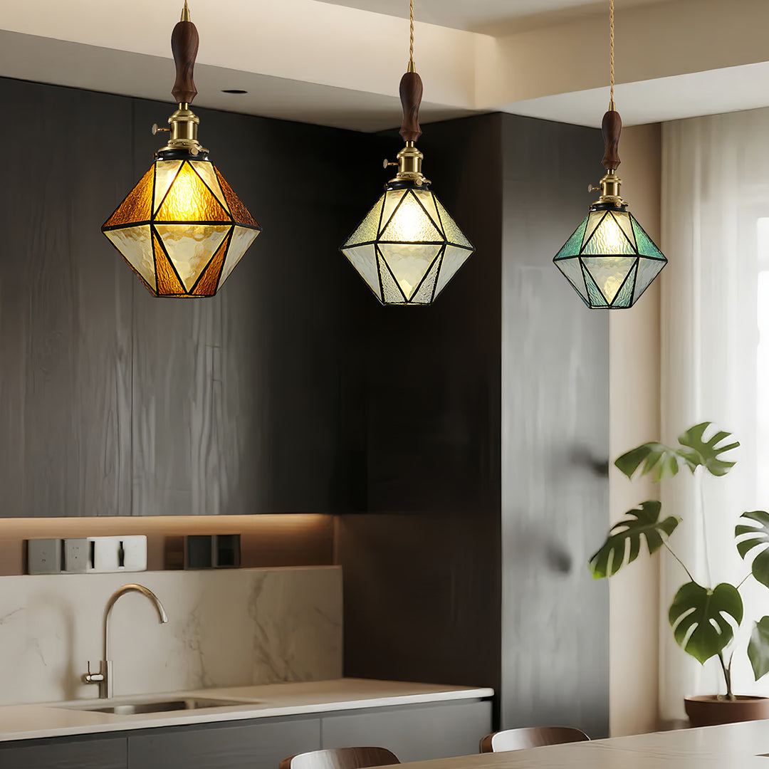 Diamond Glass Pendant Light with Brass and Wood Accents