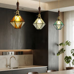 Diamond Glass Pendant Light with Brass and Wood Accents