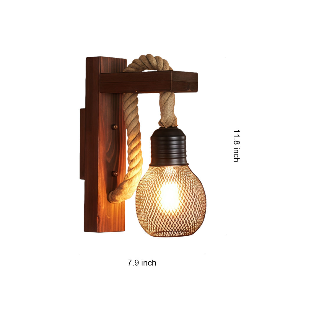 Rustic Iron Wall Sconce with Hemp Rope and Wood Accent