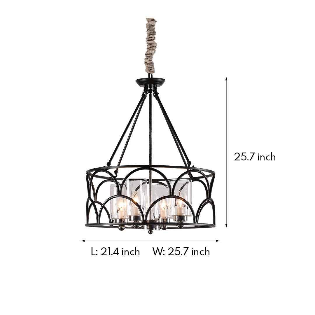 American Vintage Black Metal and Glass Chandelier with Adjustable Chain