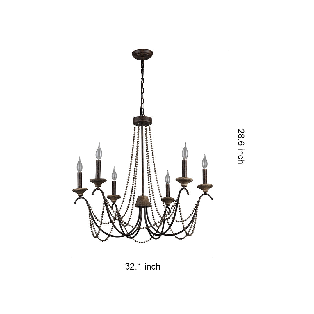 French Pearl Chandelier with Six Candle Sockets in Black Metal