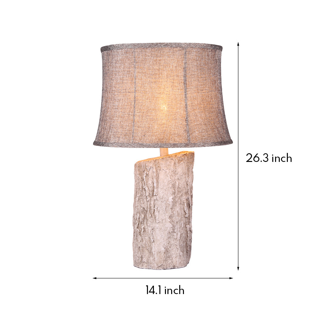 White Wood Table Lamp with Realistic Bark Fabric Shade
