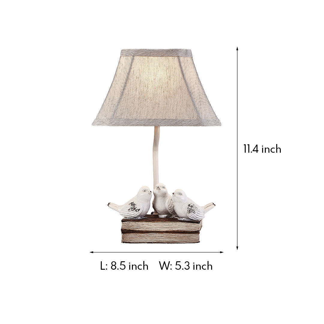 French Perched Bird Table Lamp on Stacked Books, Beige Fabric Shade