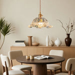 Japanese Floral Glass Pendant Light in Brushed Brass