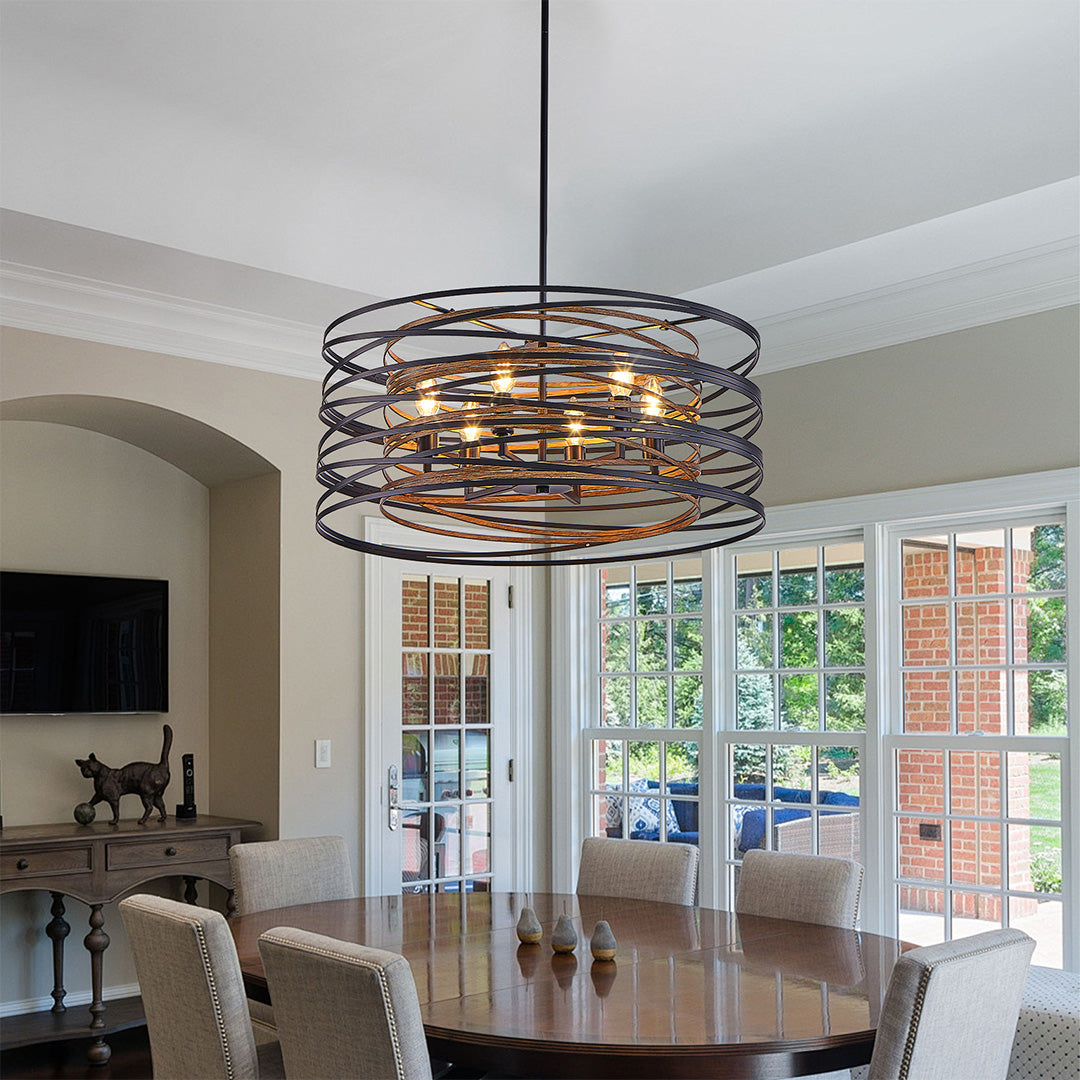 Walnut Accent Black Iron Drum Pendant Light, Adjustable Cylinder Ceiling Lamp