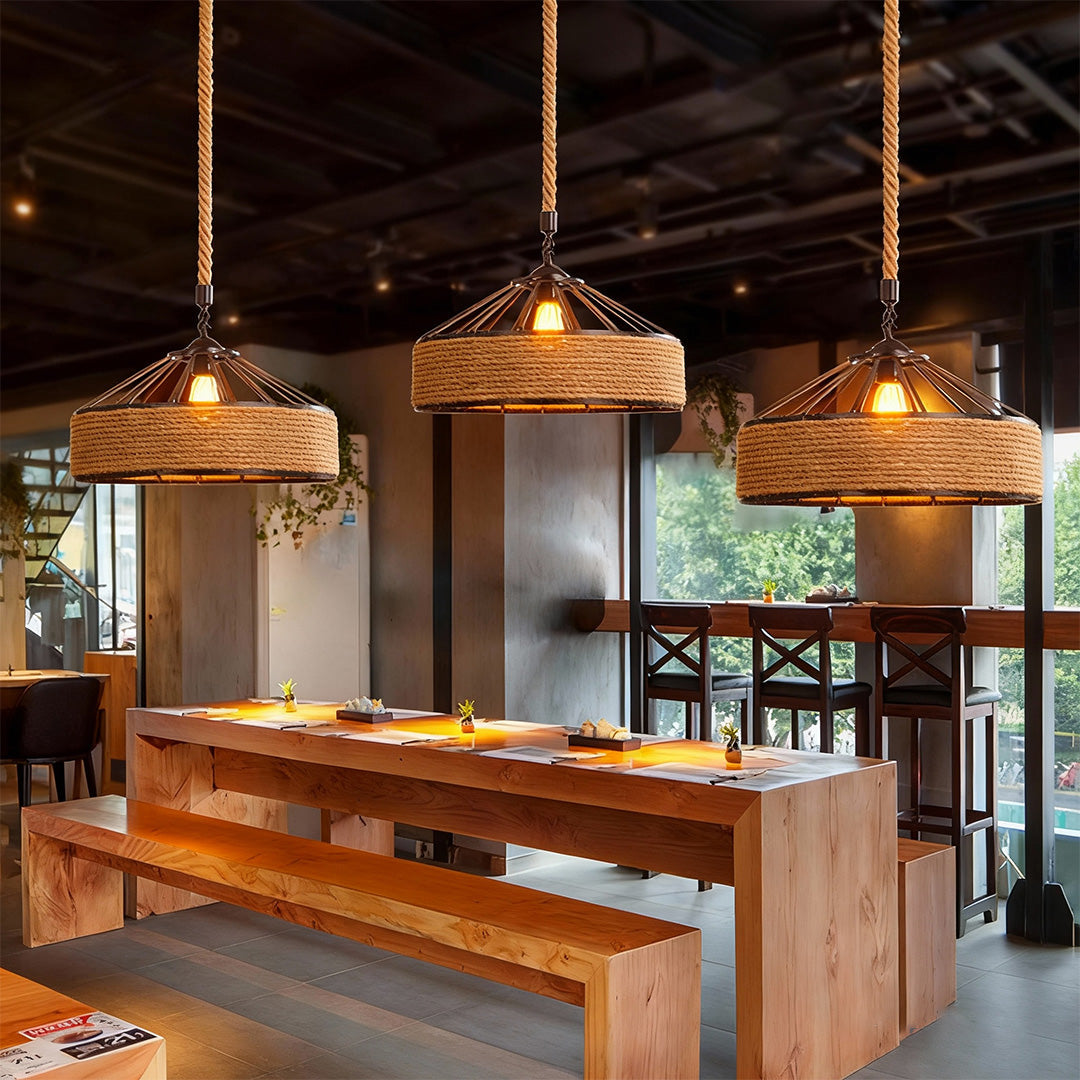 Halo Pendant Light in Black Iron and Natural Hemp Rope