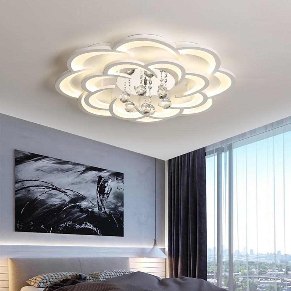 Modern Floral Acrylic Led Flush Mount Ceiling Light With Elegant Crystal Teardrops