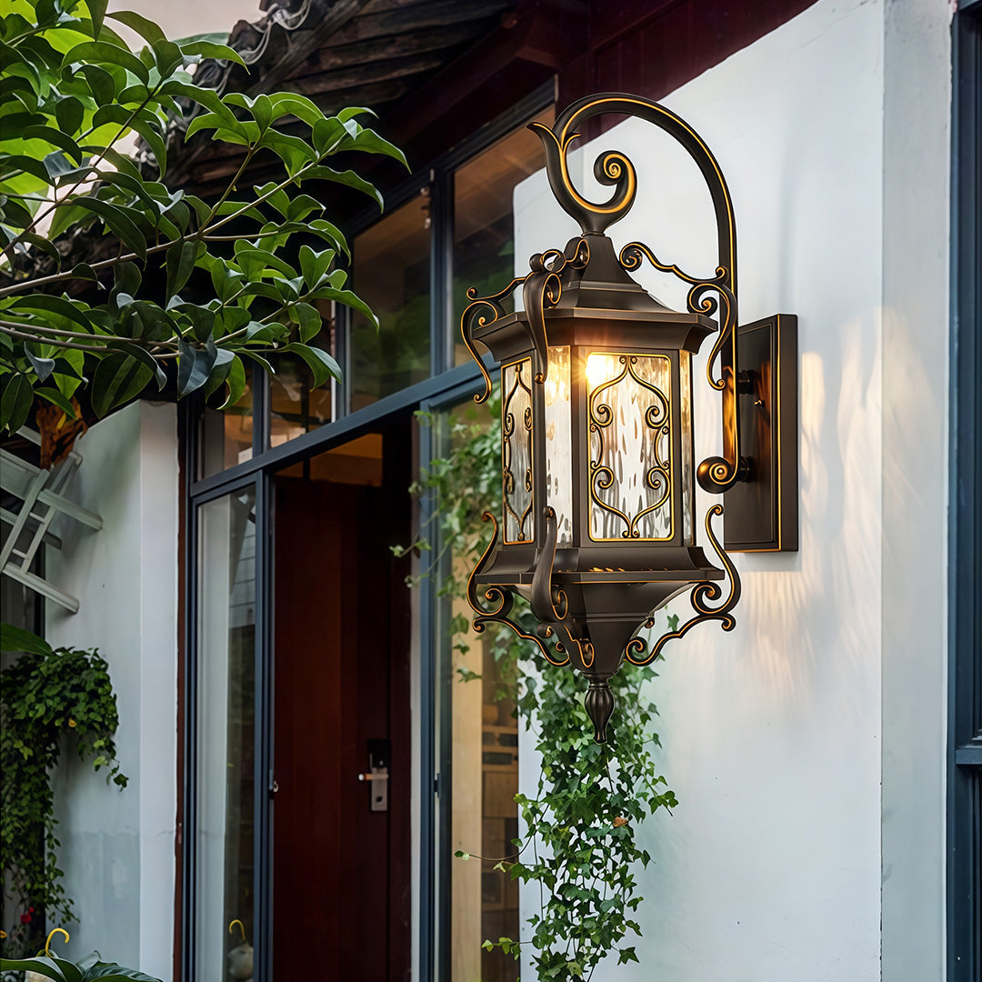 European Outdoor Wall Sconce with Gilded Aluminum Frame and Artisan Glass Shade