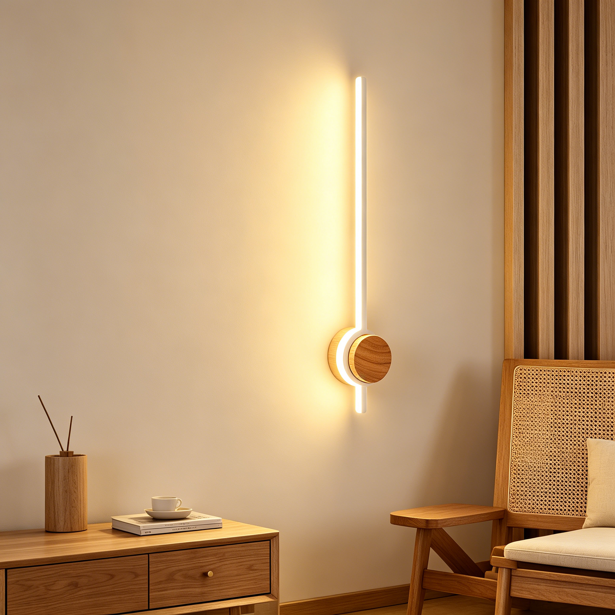 Japanese Minimalist Wooden Wall Lamp – LED Linear Bedside Light for Bedroom, Hallway & Background Wall