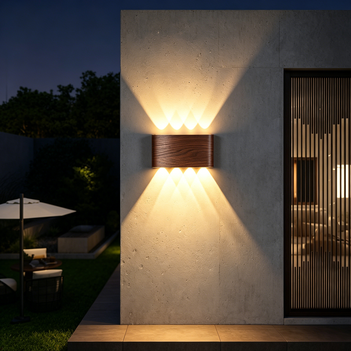 Modern Waterproof LED Outdoor Wall Light – Wood Grain Up Down Wall Sconce for Porch, Hallway & Exterior Wall