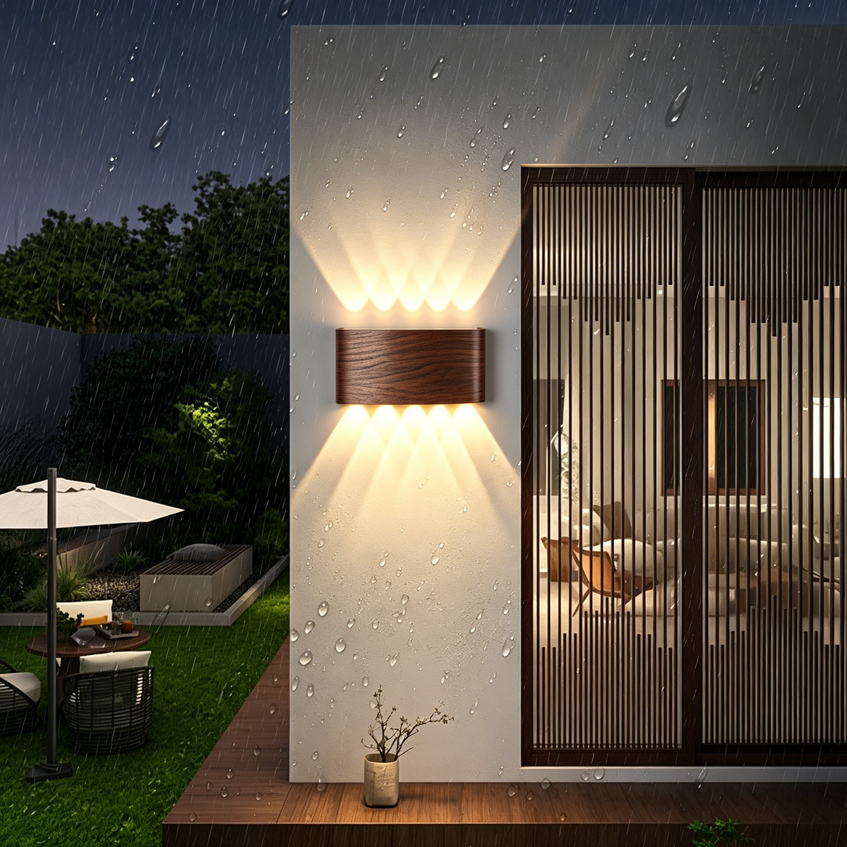 Modern Waterproof LED Outdoor Wall Light – Wood Grain Up Down Wall Sconce for Porch, Hallway & Exterior Wall