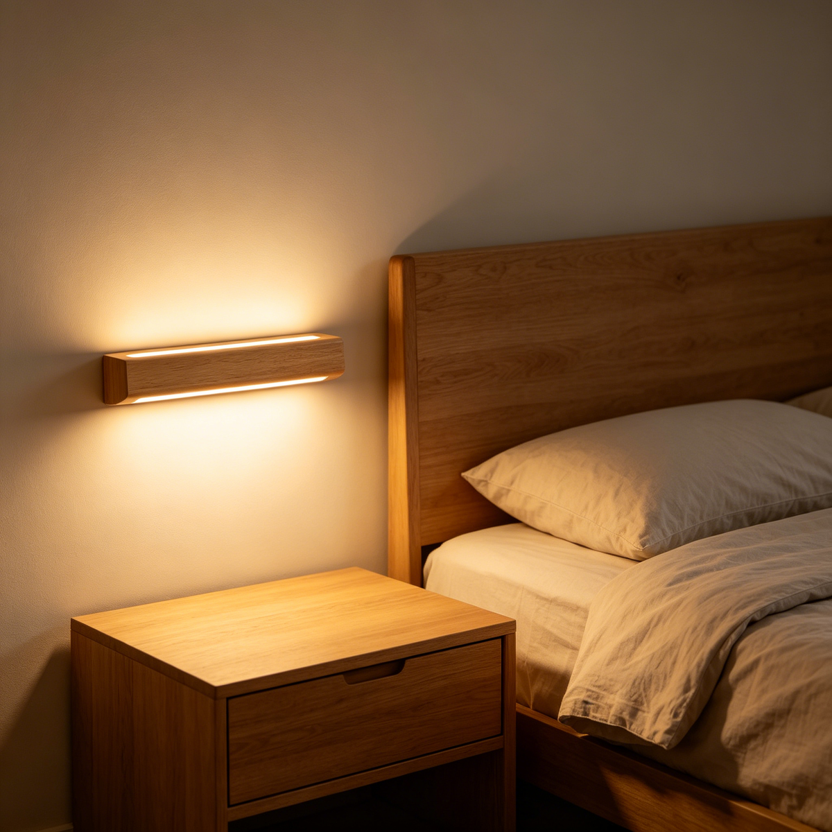 Nordic Minimalist Wooden Linear Wall Lamp – LED Bedside Background Light
