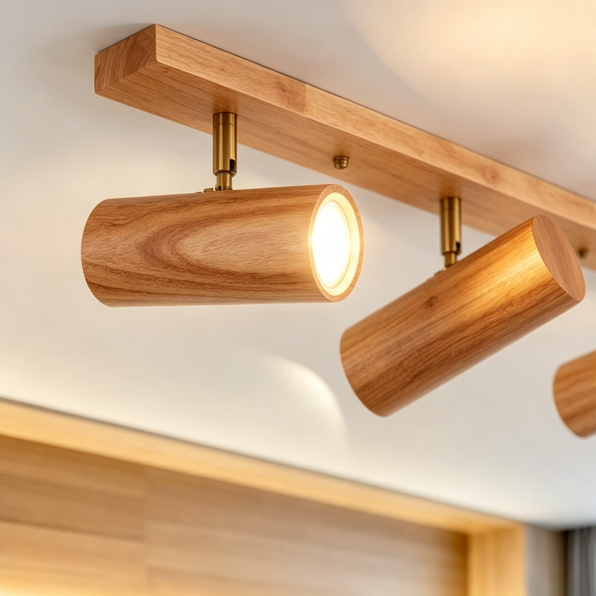 Nordic Wooden Multi-Head Spotlight Wall Lamp – Minimalist LED Wall Light for Living Room & TV Background