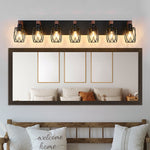 Black Metal Cage Vanity Light with Walnut Accents for Bathroom Mirror