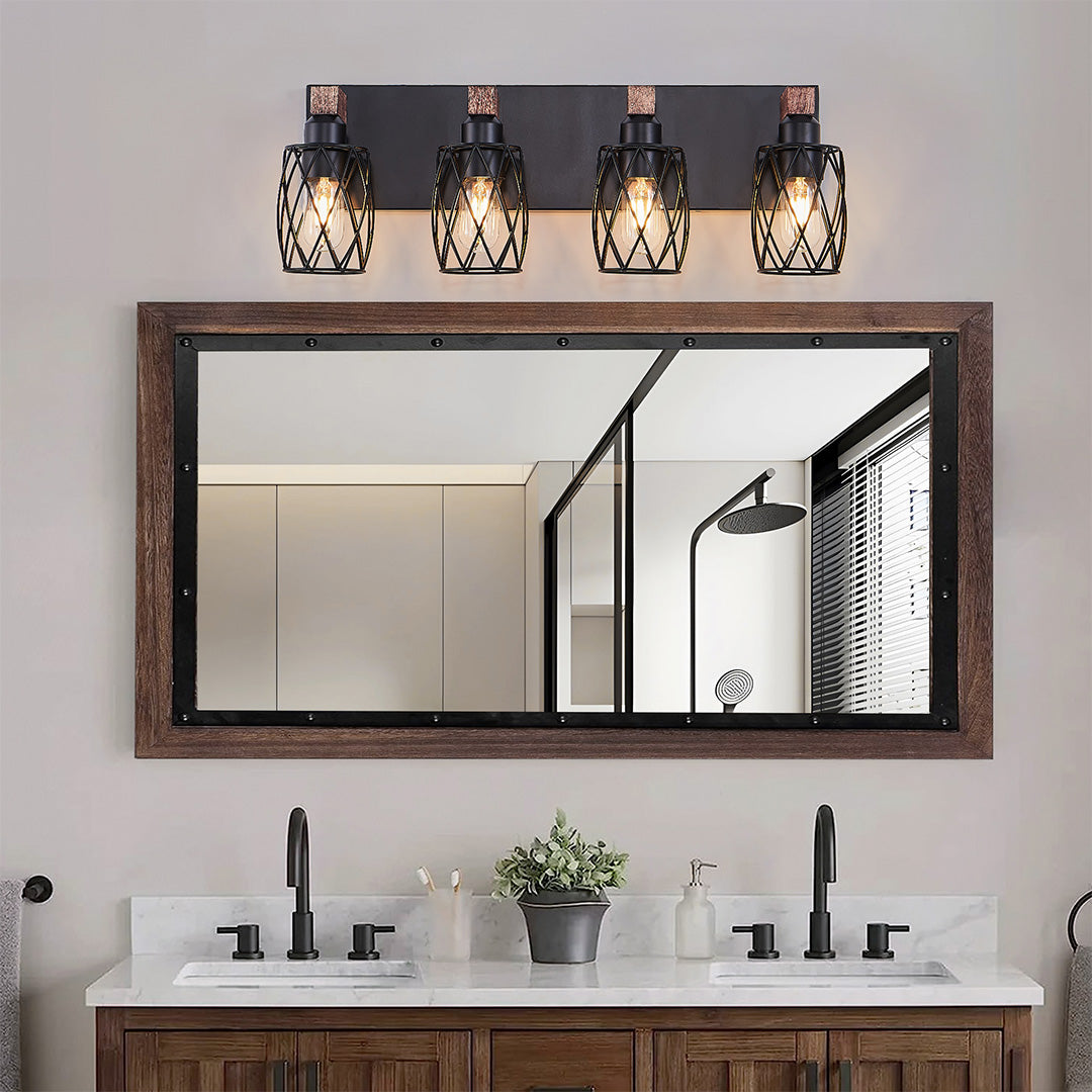 Black Metal Cage Vanity Light with Walnut Accents for Bathroom Mirror
