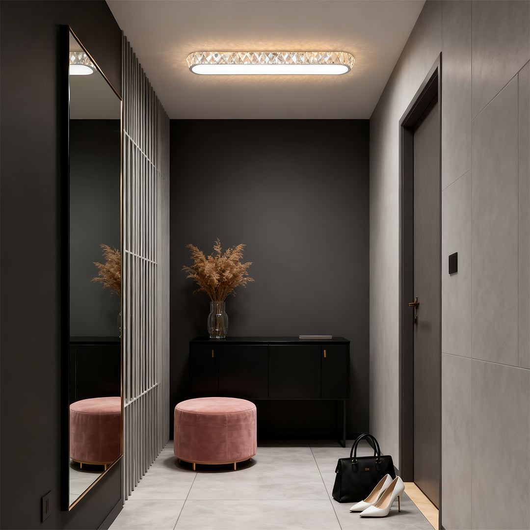Linear Crystal LED Flush Mount Ceiling Light, Chrome Finish, Modern Minimalist
