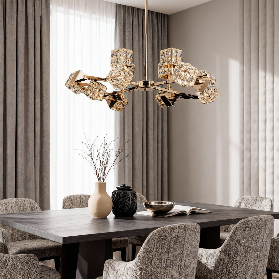 Modern Crystal Cube Chandelier in Champagne Gold for Living and Dining Spaces