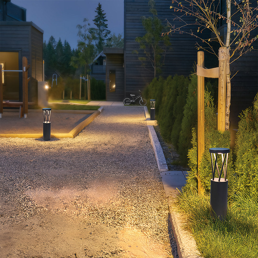 Outdoor Bollard Path Lights in Sand-Black Aluminum with Warm LED Glow