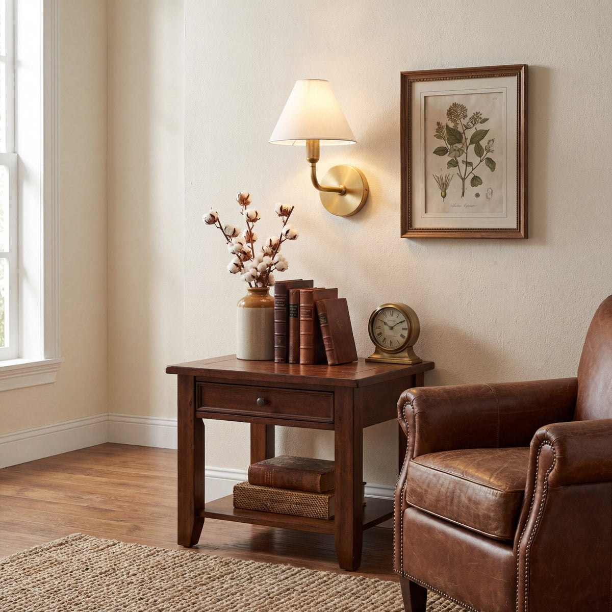 Clara Brass Wall Sconce – Elegant Fabric Shade for Bedroom & Living Room