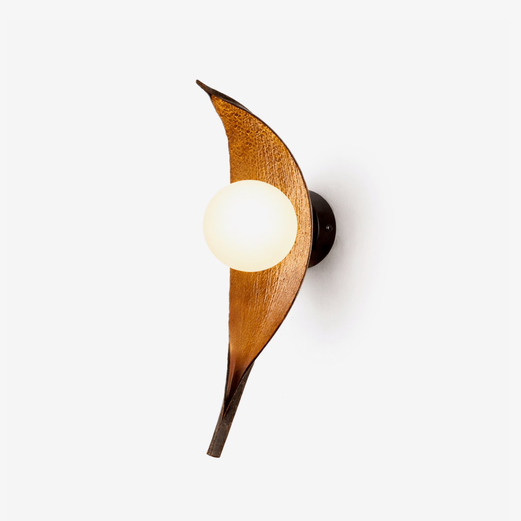 Aureo Leaf Glass Wall Sconce in Amber with Walnut Finish