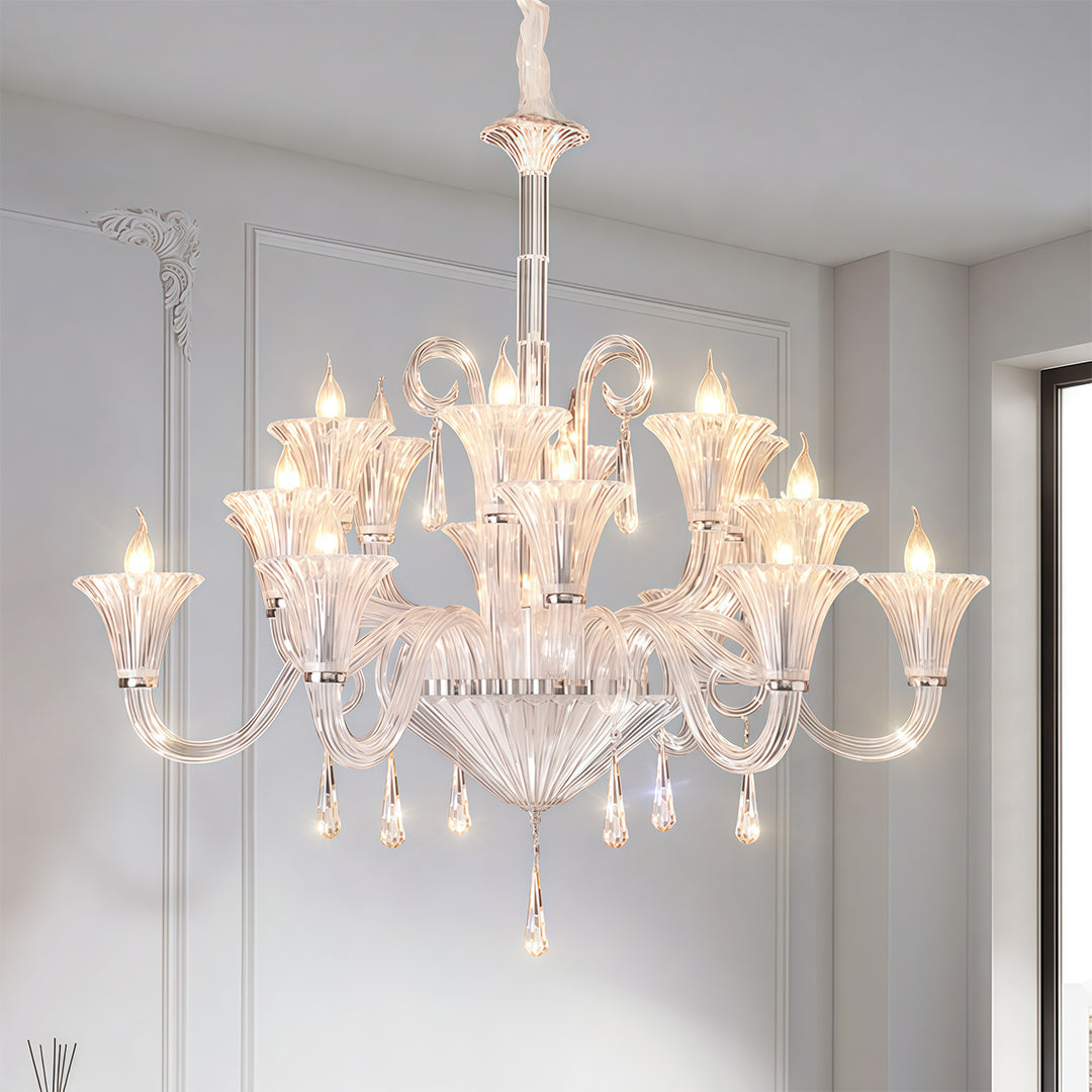 French Art Glass Chandelier with Elegant Hardware, 12 or 18 Lights